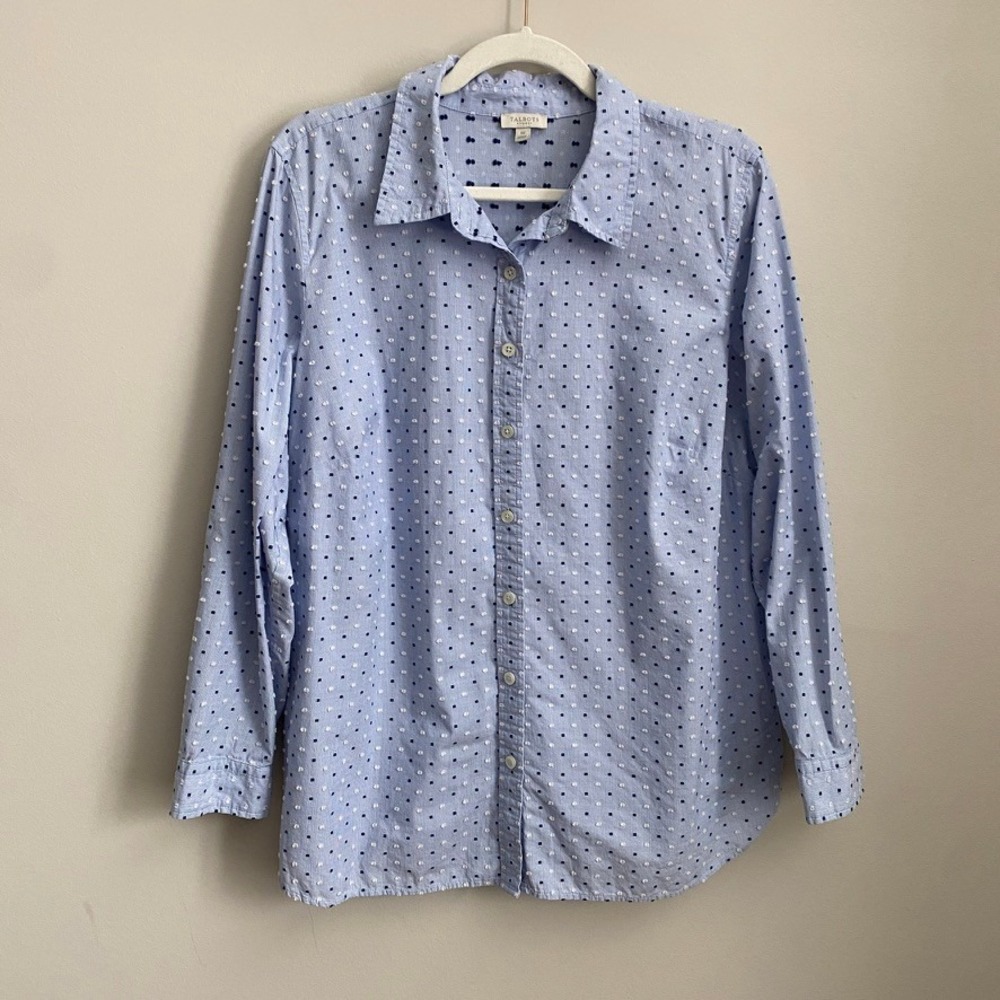 Talbots Clip Dot Button Down Shirt Womens 1X Stripe Roll Tab Sleeve Swiss Dot